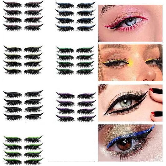 4 Pairs Reusable Eyelashes and Eyeliner Stickers 7 Color Easy to Wear Waterproof Glitter Fake Lashes