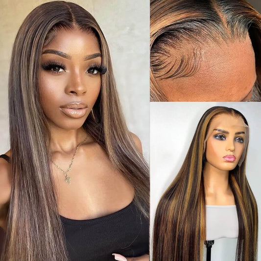 24 Inch Lace Front Wigs Synthetic Hair Straight 13x4 Lace Frontal Wig Natural Ombre Color